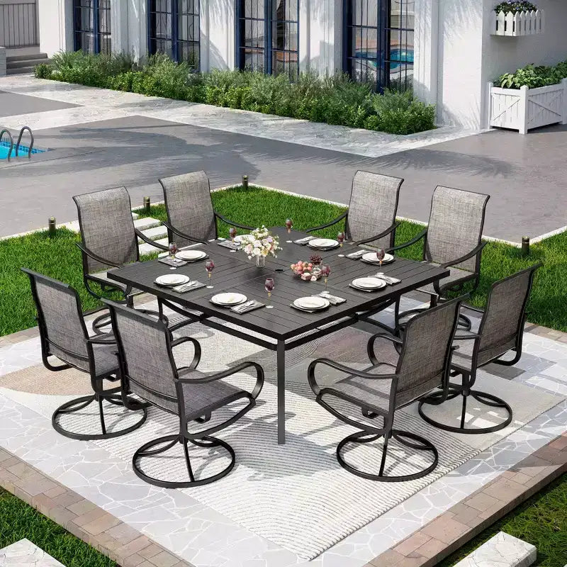 Captiva Designs Set da 9 Pezzi con Tavolo da Pranzo Quadrato in Metallo con Piano a Doghe e Sedie Girevoli Sling da Esterno