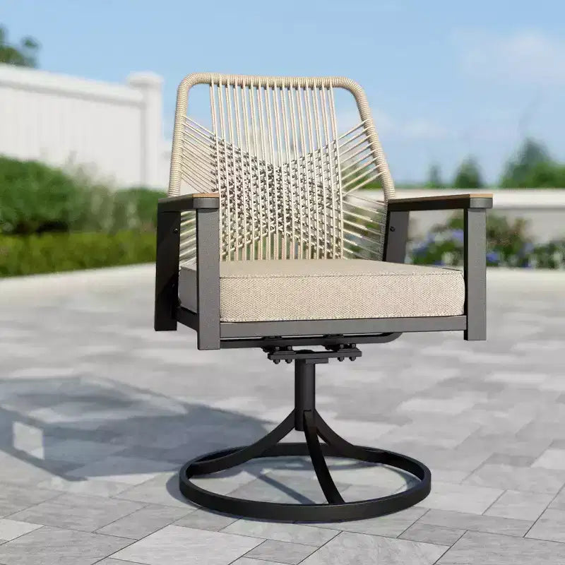 Captiva Designs Set da pranzo 5 pezzi con tavolo rotondo in metallo con piano a doghe e sedie girevoli in vimini con cuscini spessi