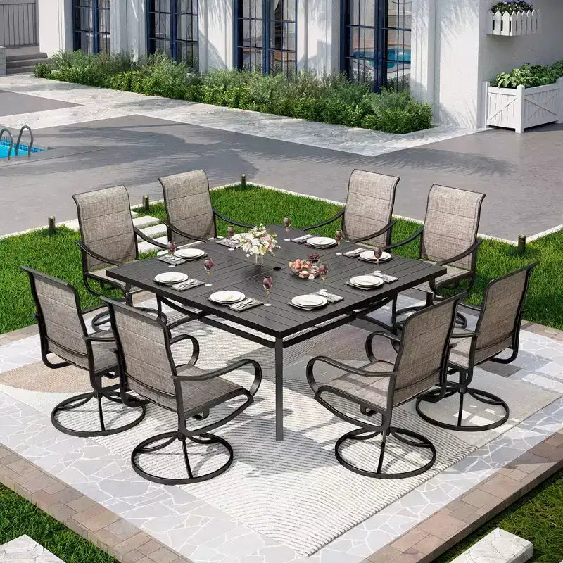 Captiva Designs Set da pranzo da 9 pezzi con tavolo quadrato in metallo con piano a doghe e sedie a fionda imbottite girevoli