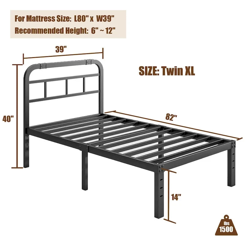 Struttura Letto in Metallo Nero con Testiera — Twin / Twin XL / King / Cal King