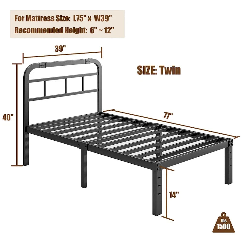 Struttura Letto in Metallo Nero con Testiera — Twin / Twin XL / King / Cal King