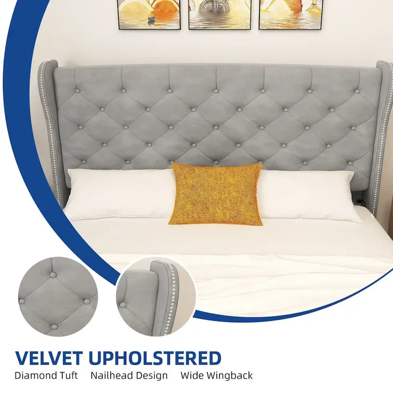 Letto matrimoniale king-size imbottito grigio con testiera e pediera a bottoni e testata ad ali di pipistrello