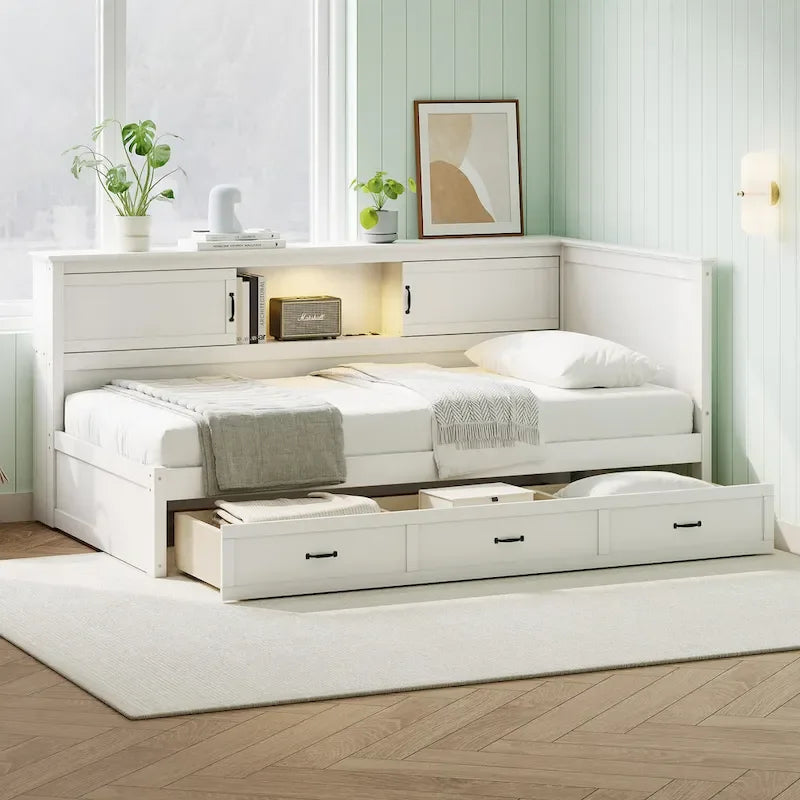 Divano Letto ad Angolo a L Bianco con Contenitore, LED e USB, Singolo/Matrimoniale