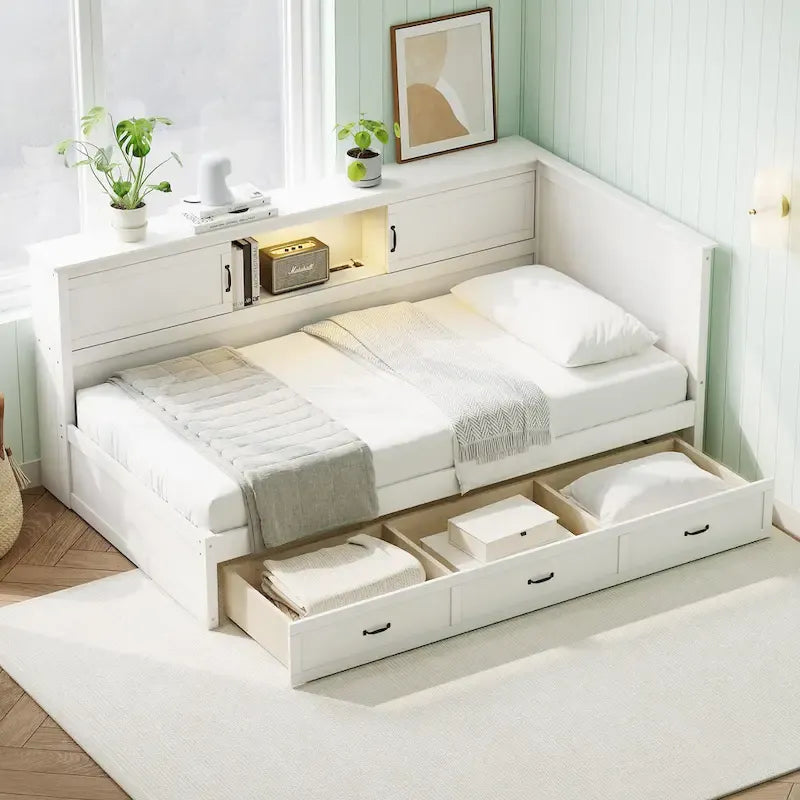 Divano Letto ad Angolo a L Bianco con Contenitore, LED e USB, Singolo/Matrimoniale