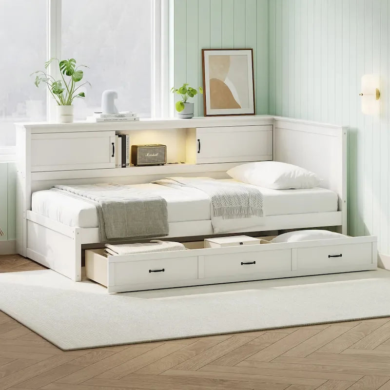 Divano Letto ad Angolo a L Bianco con Contenitore, LED e USB, Singolo/Matrimoniale