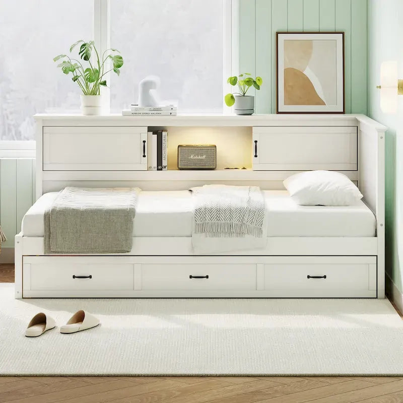 Divano Letto ad Angolo a L Bianco con Contenitore, LED e USB, Singolo/Matrimoniale