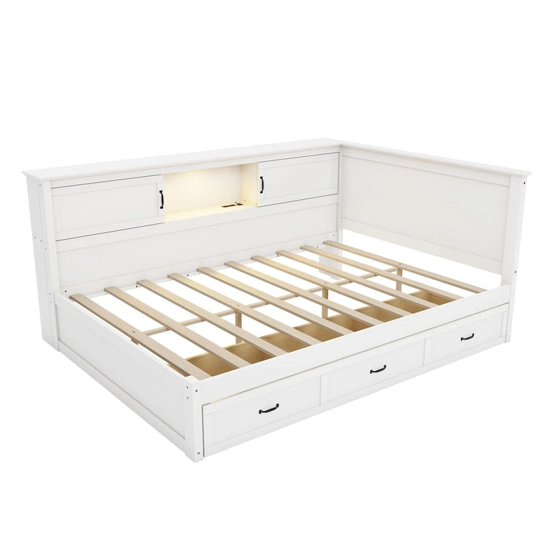 Divano Letto ad Angolo a L Bianco con Contenitore, LED e USB, Singolo/Matrimoniale