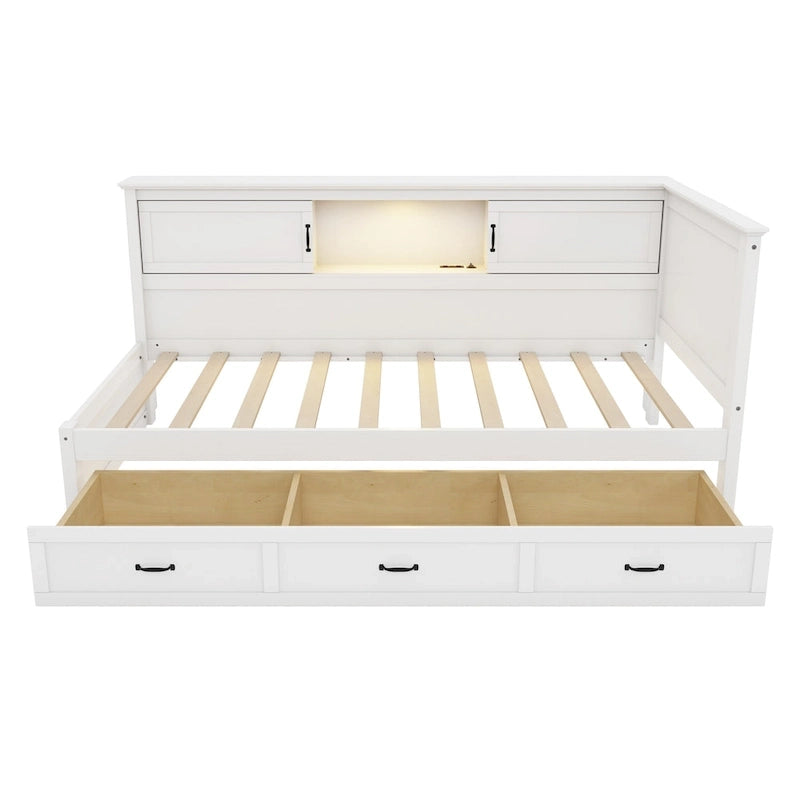 Divano Letto ad Angolo a L Bianco con Contenitore, LED e USB, Singolo/Matrimoniale