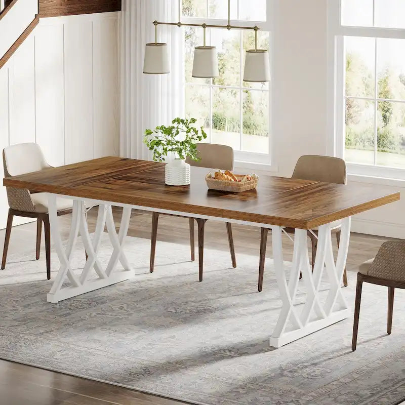 Tavolo da Pranzo Rettangolare Marrone e Bianco da 180 cm per 6 Persone, con Struttura in Metallo