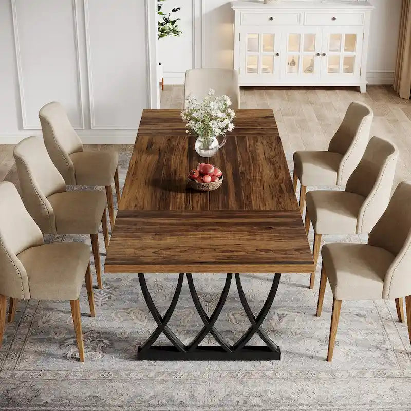 Tavolo da Pranzo Rettangolare Marrone e Bianco da 180 cm per 6 Persone, con Struttura in Metallo
