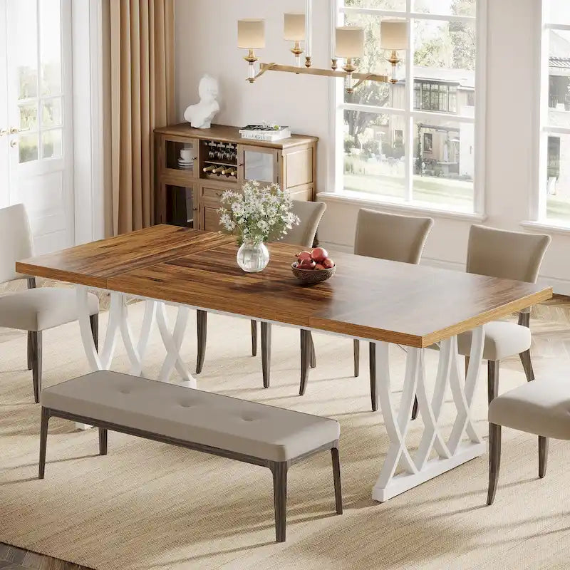 Tavolo da Pranzo Rettangolare Marrone e Bianco da 180 cm per 6 Persone, con Struttura in Metallo