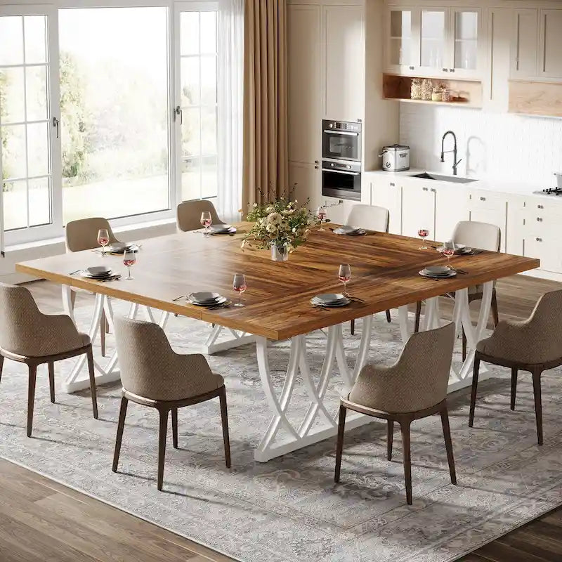 Tavolo da Pranzo Rettangolare Marrone e Bianco da 180 cm per 6 Persone, con Struttura in Metallo