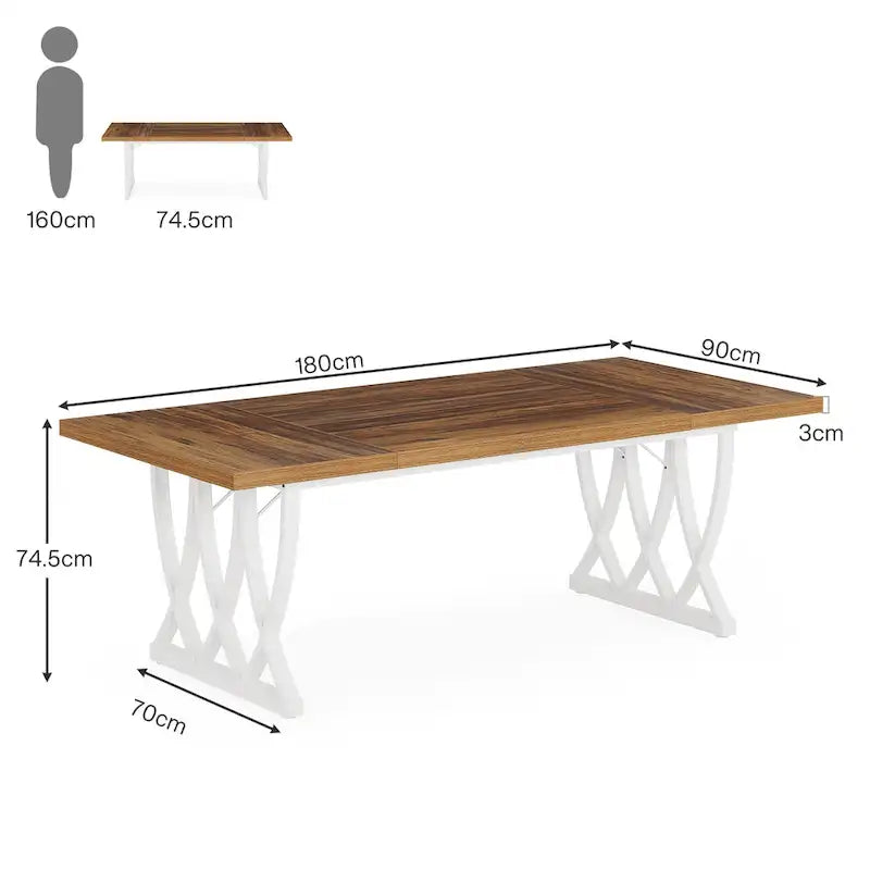 Tavolo da Pranzo Rettangolare Marrone e Bianco da 180 cm per 6 Persone, con Struttura in Metallo